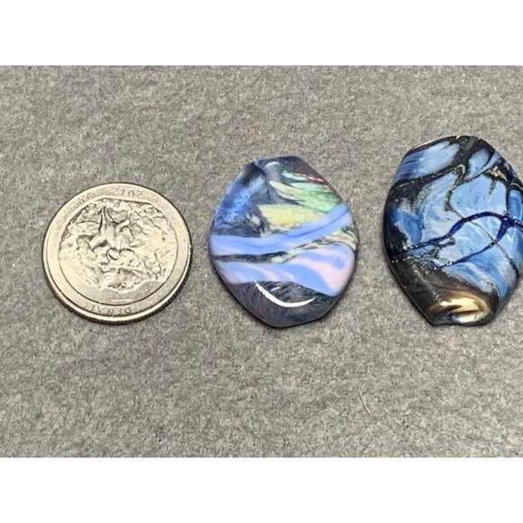 Handmade Abstract Lampwork Glass Beads Set of 2 Unique Blue & Multicolor Design - Picture 2 of 6